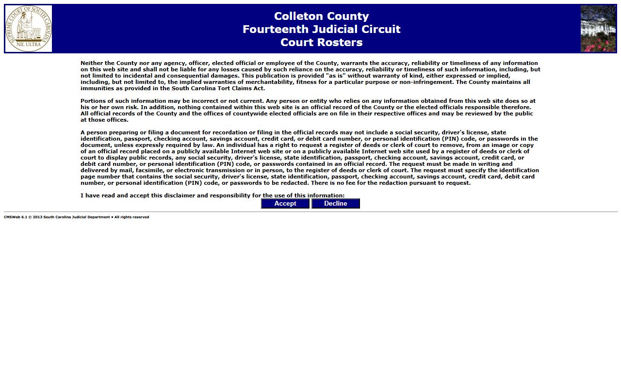 Colleton County bench warrants clerk of court records