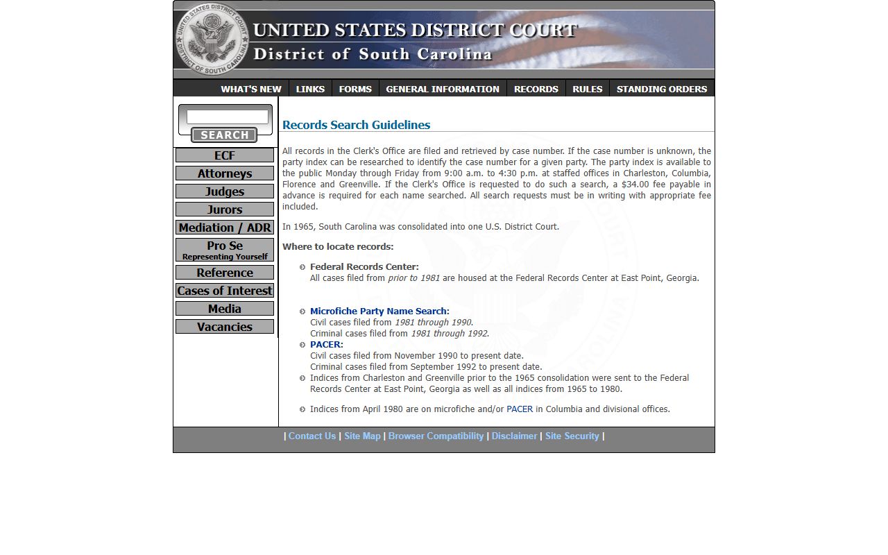 South Carolina Federal District Court case records for bench warrants