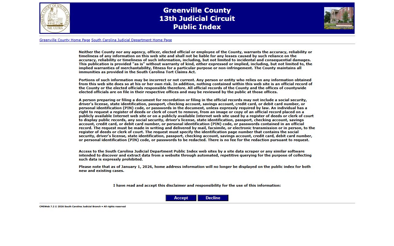 Greenville County South Carolina public index for bench warrant search
