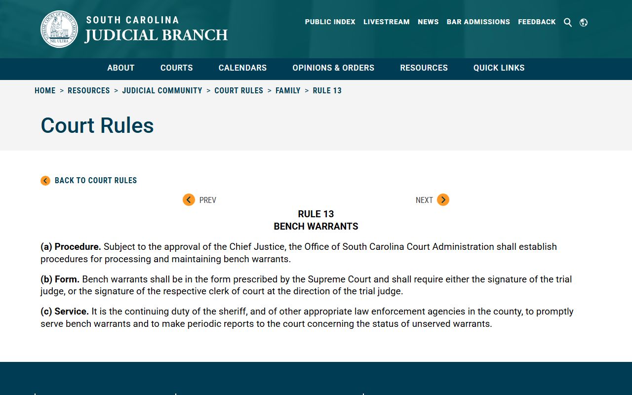 South Carolina Rule 13 bench warrant procedures for Family Court