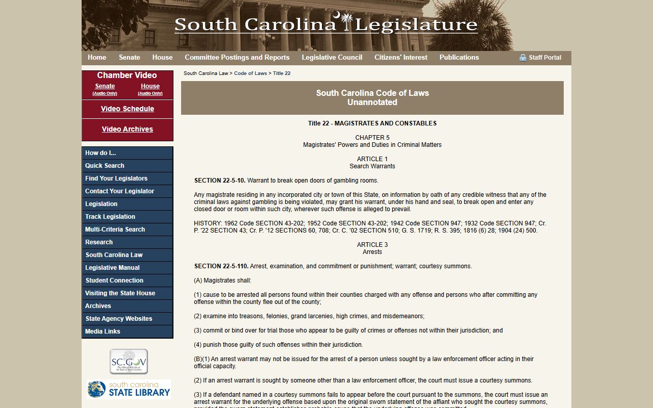 South Carolina Code Section 22-5-115 magistrate court bench warrants