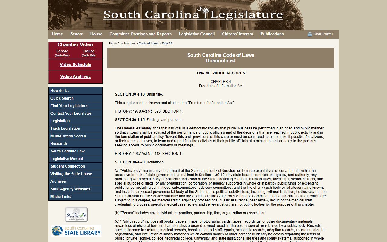 South Carolina FOIA statute for accessing bench warrant records